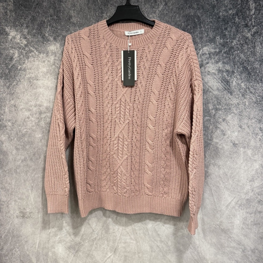 Women's Pink Cable Knit Crewneck Sweater Size S Ribbed Preppy Casual